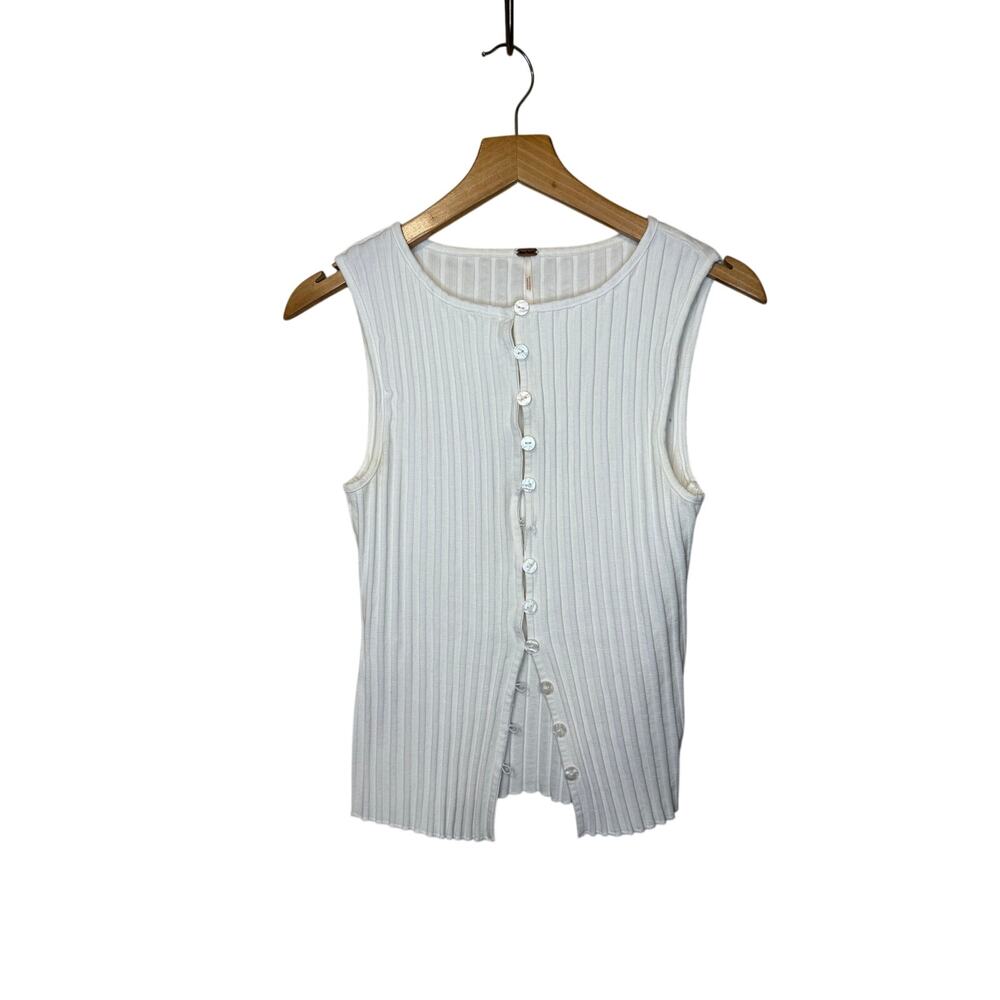 Free People Boho Minimalist Tilly Ribbed Button Up Knit Vest Tank Blouse White M